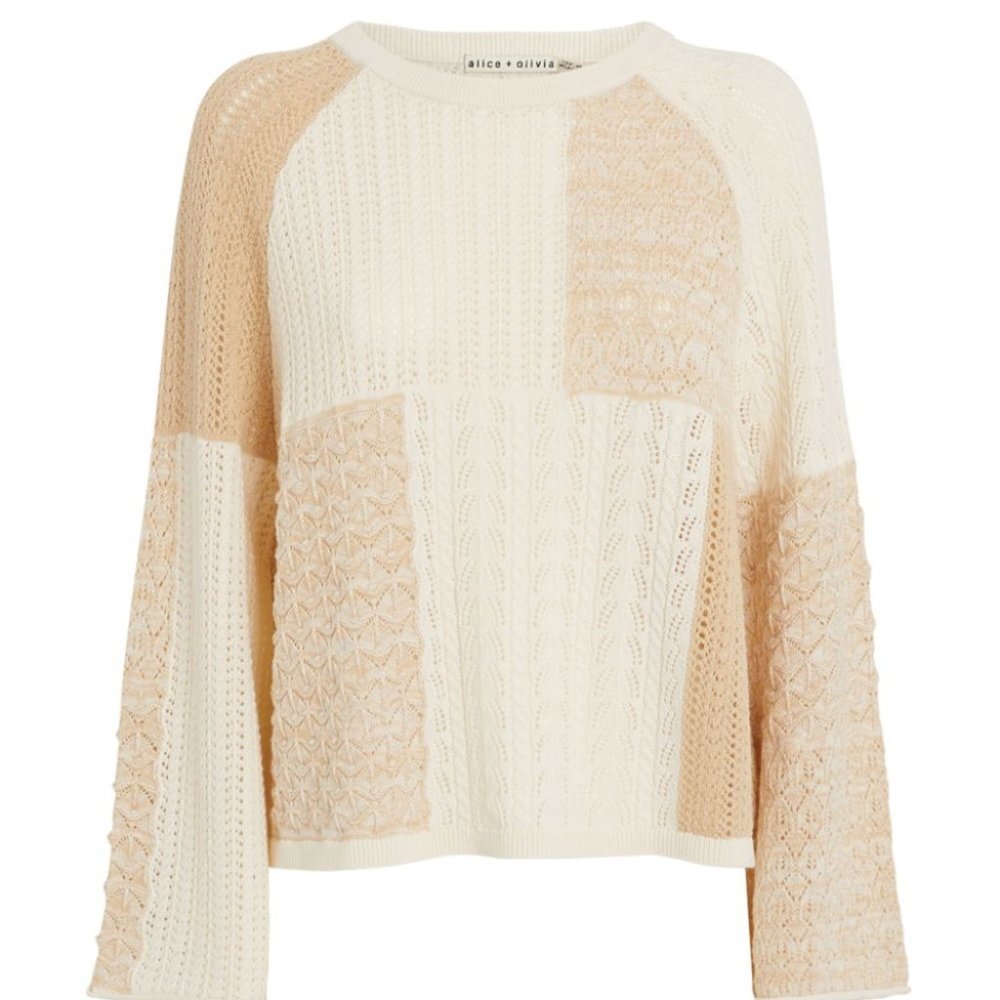 Alice + Olivia Cream and Beige Patchwork Cable Knit Sweater